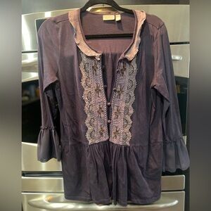 LOGO purple contrast tunic blouse with lace & beaded embellishments